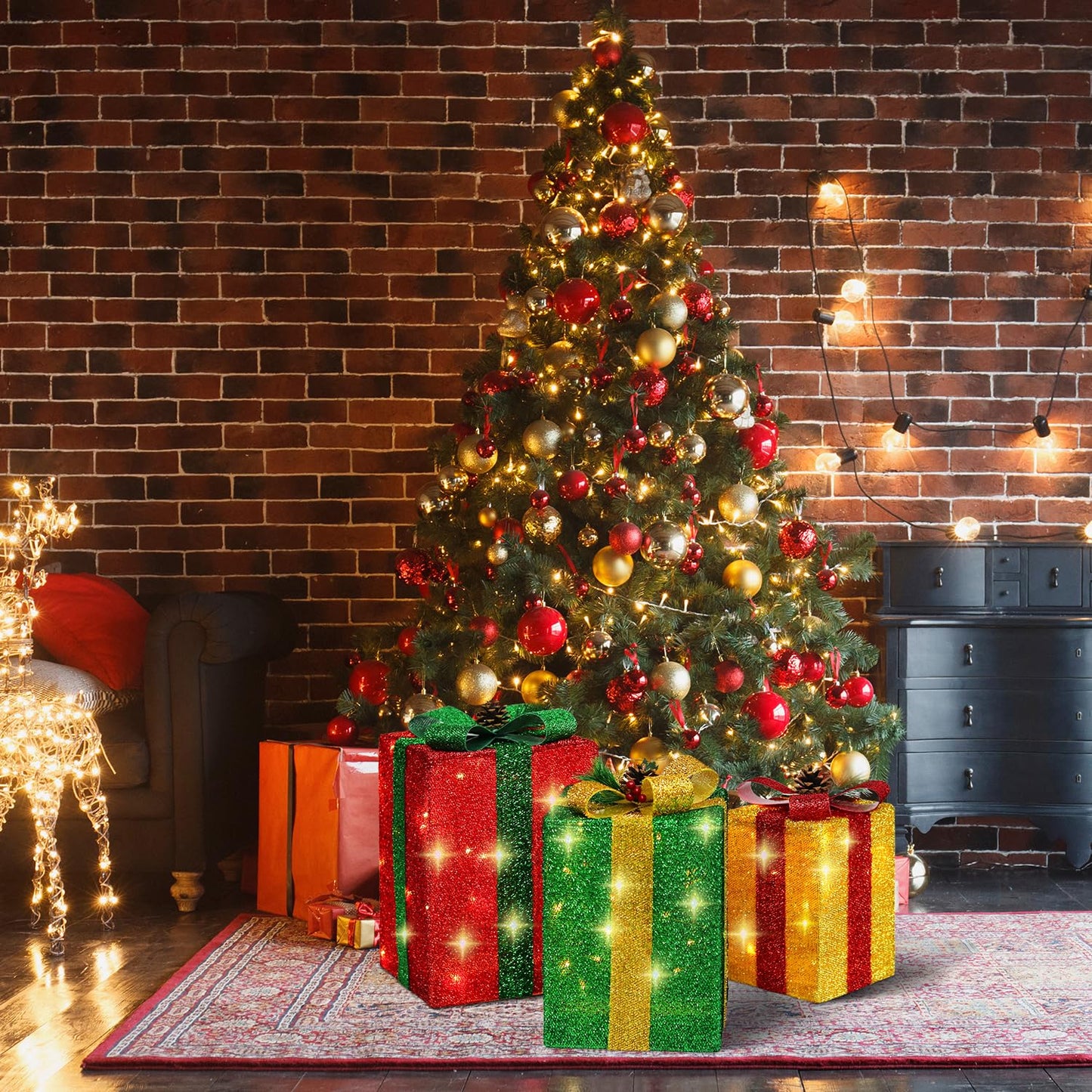 DomKom Set of 3 Tall Rectangular Christmas Lighted Gift Boxes - 60 LED Lighted Christmas Box - Light Up Xmas Tree Skirt Ornament Outdoor/Indoor Vertical Yard & Porch Decor