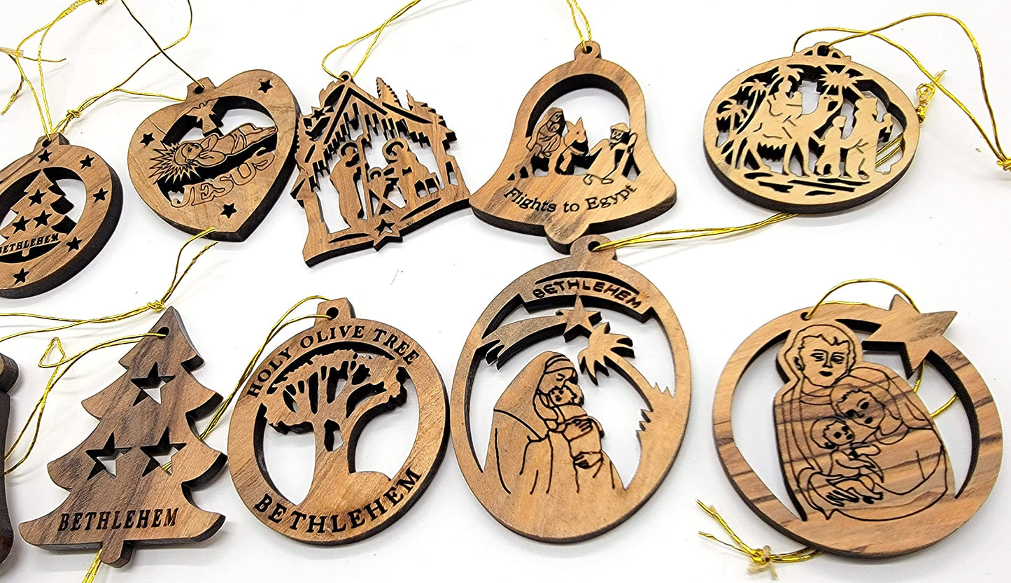 Zuluf 12-Piece Olive Wood Ornament Collection - Authentic Nativity & Bethlehem Star Designs, Religious Christian Christmas Tree Adornments