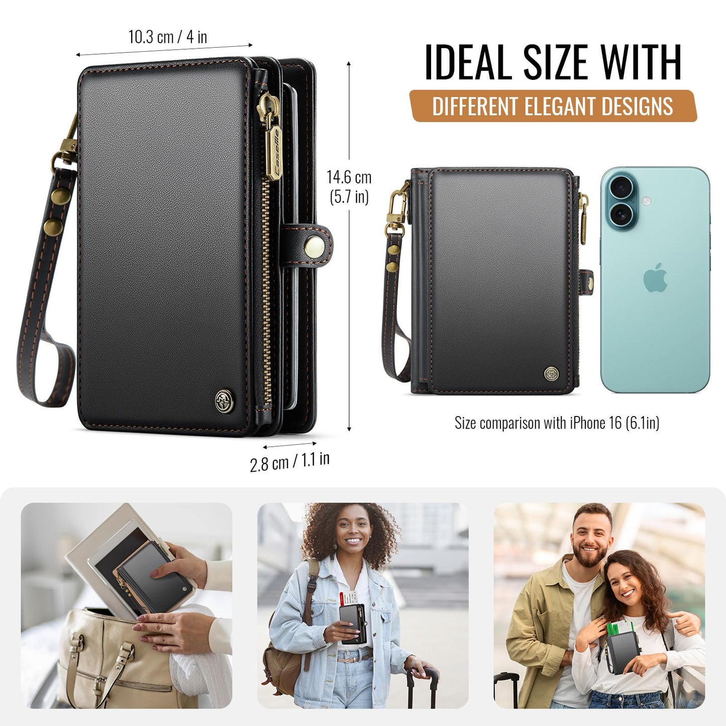 Passport Holder Wallet, 12 Card Slots RFID Blocking Travel Organizer, Zippered Coin Pocket & Detachable Wrist Strap Secure AMagnetic Closure Passport Case for Men & Women (Black)