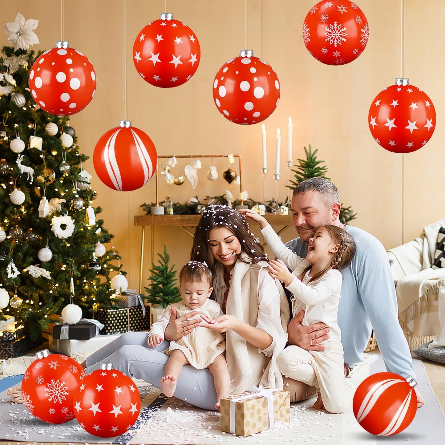 12PCS Inflatable Christmas Balls 12inch Large Outdoor Christmas Inflatable Balls Red White PVC Xmas Hanging Ornaments Decor for Xmas Holiday Lawn Yard Front Door Decorations