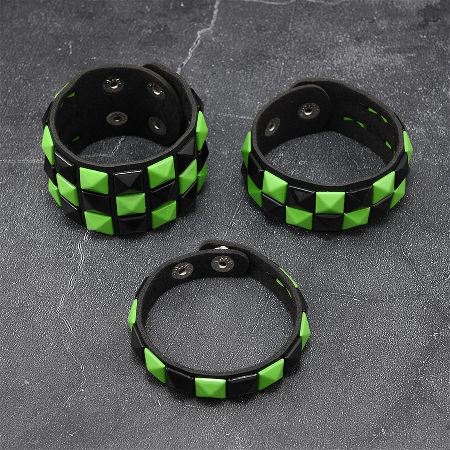 Dreuyet 3 Piece Checkered Leather Bracelet Set Black White PU Wristband Adjustable Gothic Punk Style Halloween Accessories for Men Women (Black Green)
