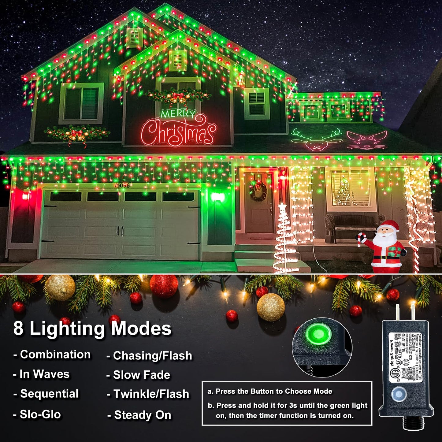 Icicle Lights for Outside - 33FT 400 LED Icicle Christmas Lights Outdoor with 75 Drops 8 Modes Timers, Waterproof Connectable Hanging Lights for Indoor Eaves Party Holiday Decorations, Red and Green