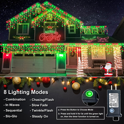 Icicle Lights for Outside - 33FT 400 LED Icicle Christmas Lights Outdoor with 75 Drops 8 Modes Timers, Waterproof Connectable Hanging Lights for Indoor Eaves Party Holiday Decorations, Red and Green