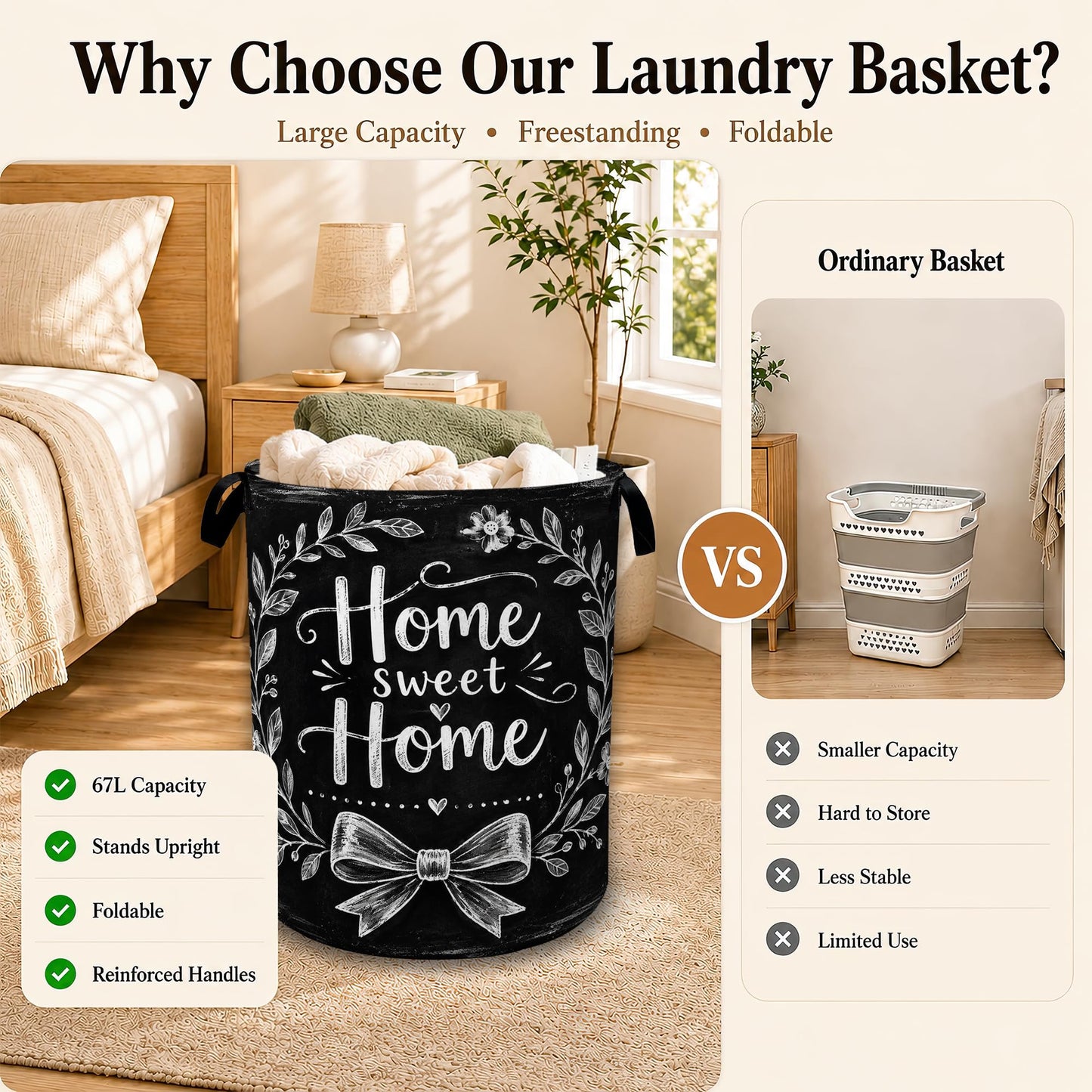 Sweet Home Wreath Large Clothes Hamper, Portable Collapsible Laundry Basket with Handles, Freestanding Storage Bin for Bedroom Bathroom Dorm Laundry Room