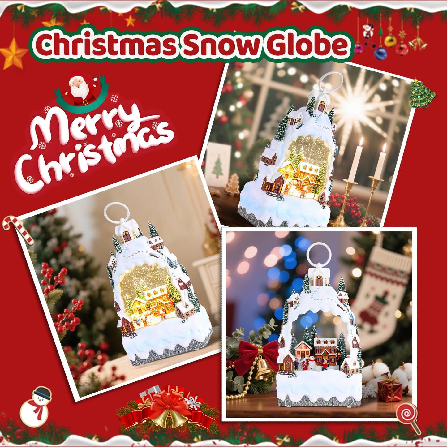 Christmas Snow Globe Lantern with 8 Holiday Music, Christmas Water Snow Globe USB/Battery Powered 6H Timer, Glitter Snowfall Build A Snowman Scene for Family Friends (Build A Snowman)