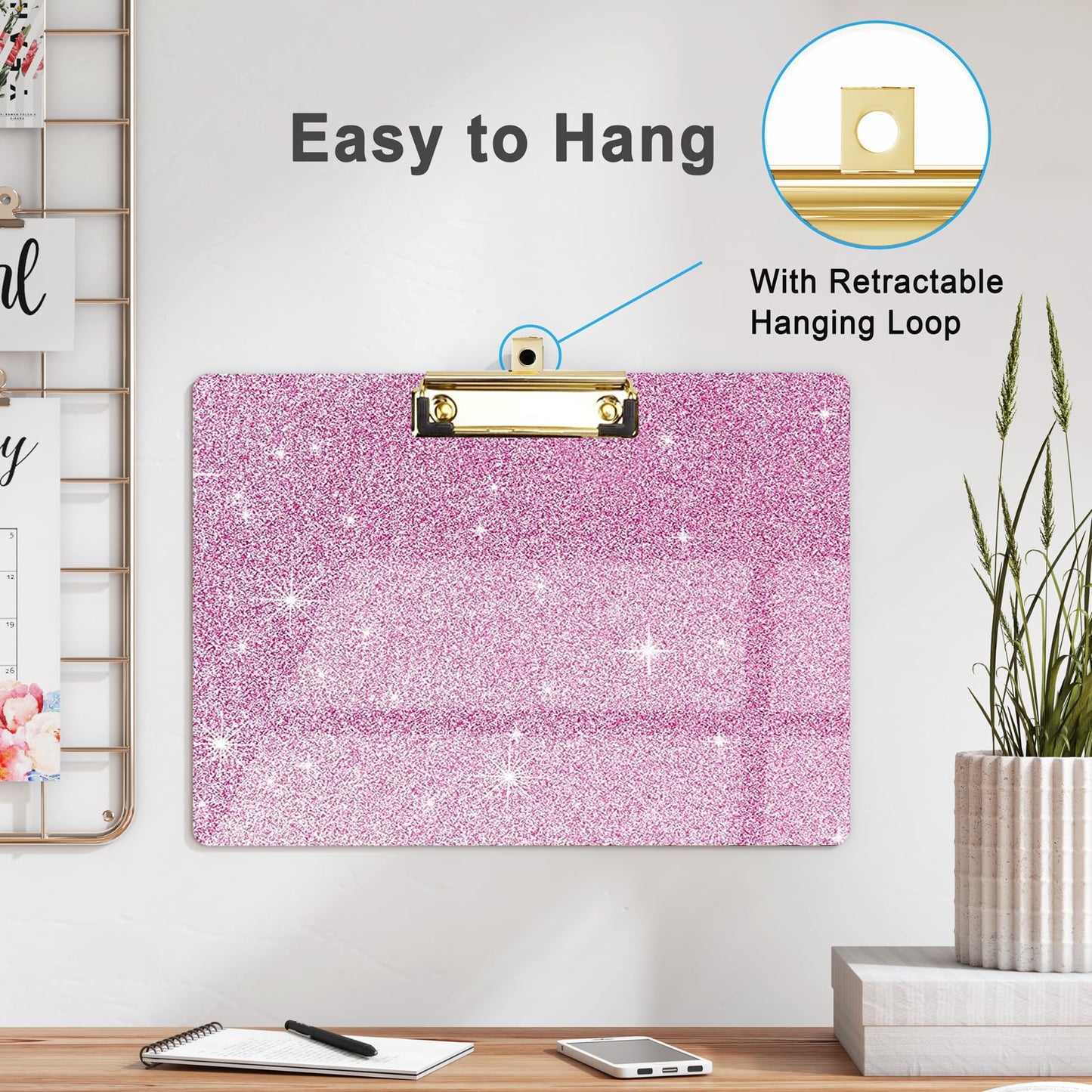 Glitter Acrylic Clipboard Horizontal, A4 Letter Standard Size, Cute Clipboards with Low Profile Clip for Drawing, Office Art Supplies - Warm Pink（9" x 12.5"）