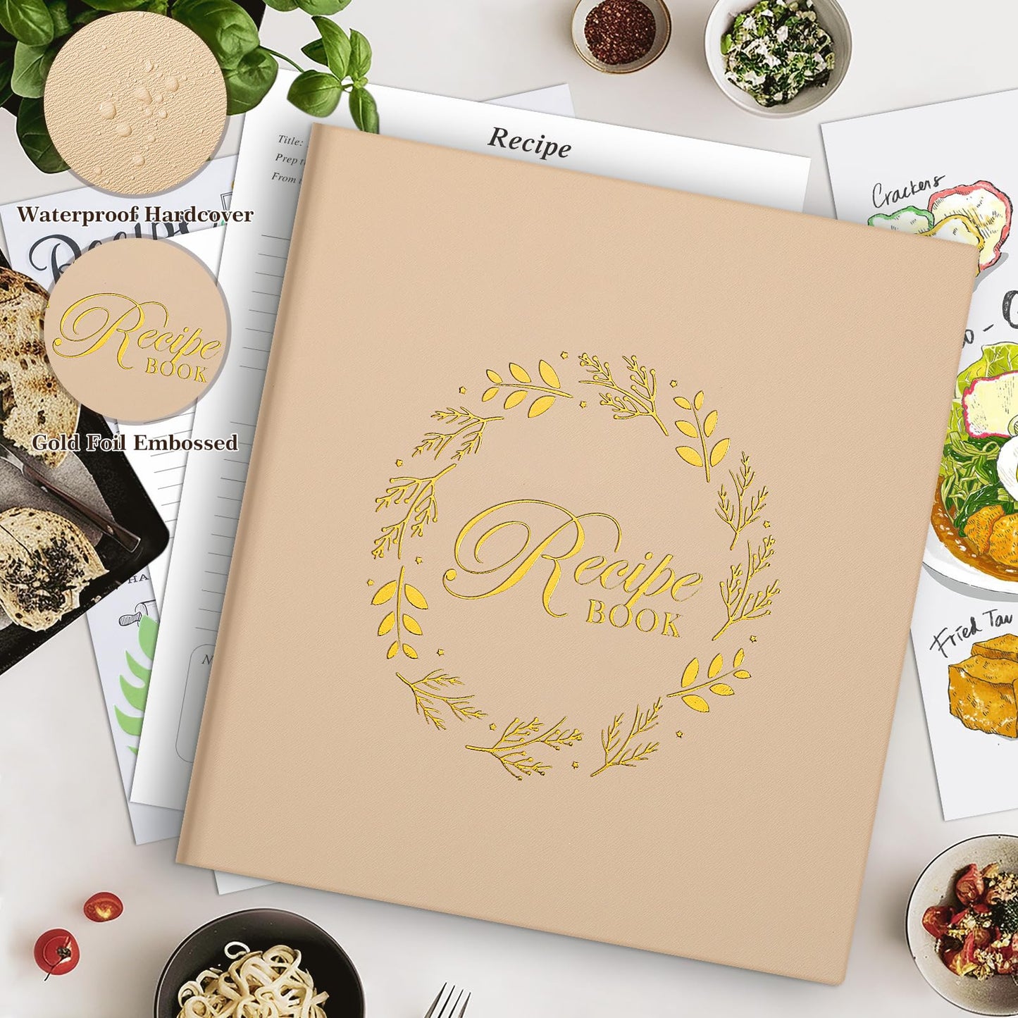 Lanpn Recipe Binder 8.5x11 3 Ring Kit, Waterproof Organizer Binder to Write in Your Own Recipes, Blank Recipe Book with 60 Plastic Sleeves,116 Recipes, Dividers, Labels & Stickers, Oat
