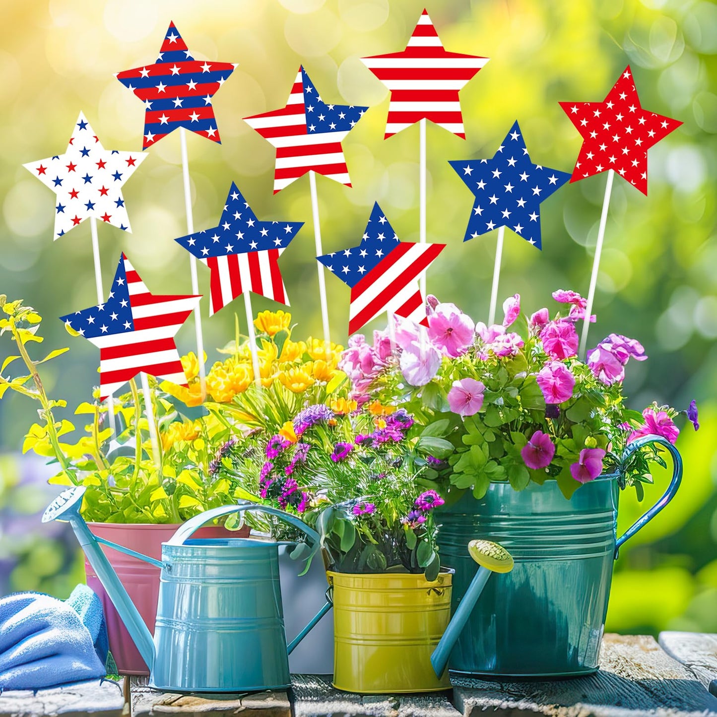 JarThenaAMCS 9Pcs Patriotic Star Metal Planter Stakes 4th of July Decorative Garden Stakes Star and Stripes Yard Sign for 250th Anniversary Planter Pot Walkway Lawn Independence Day Decor