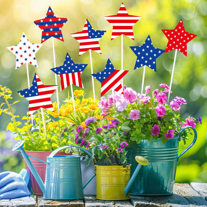 JarThenaAMCS 9Pcs Patriotic Star Metal Planter Stakes 4th of July Decorative Garden Stakes Star and Stripes Yard Sign for 250th Anniversary Planter Pot Walkway Lawn Independence Day Decor