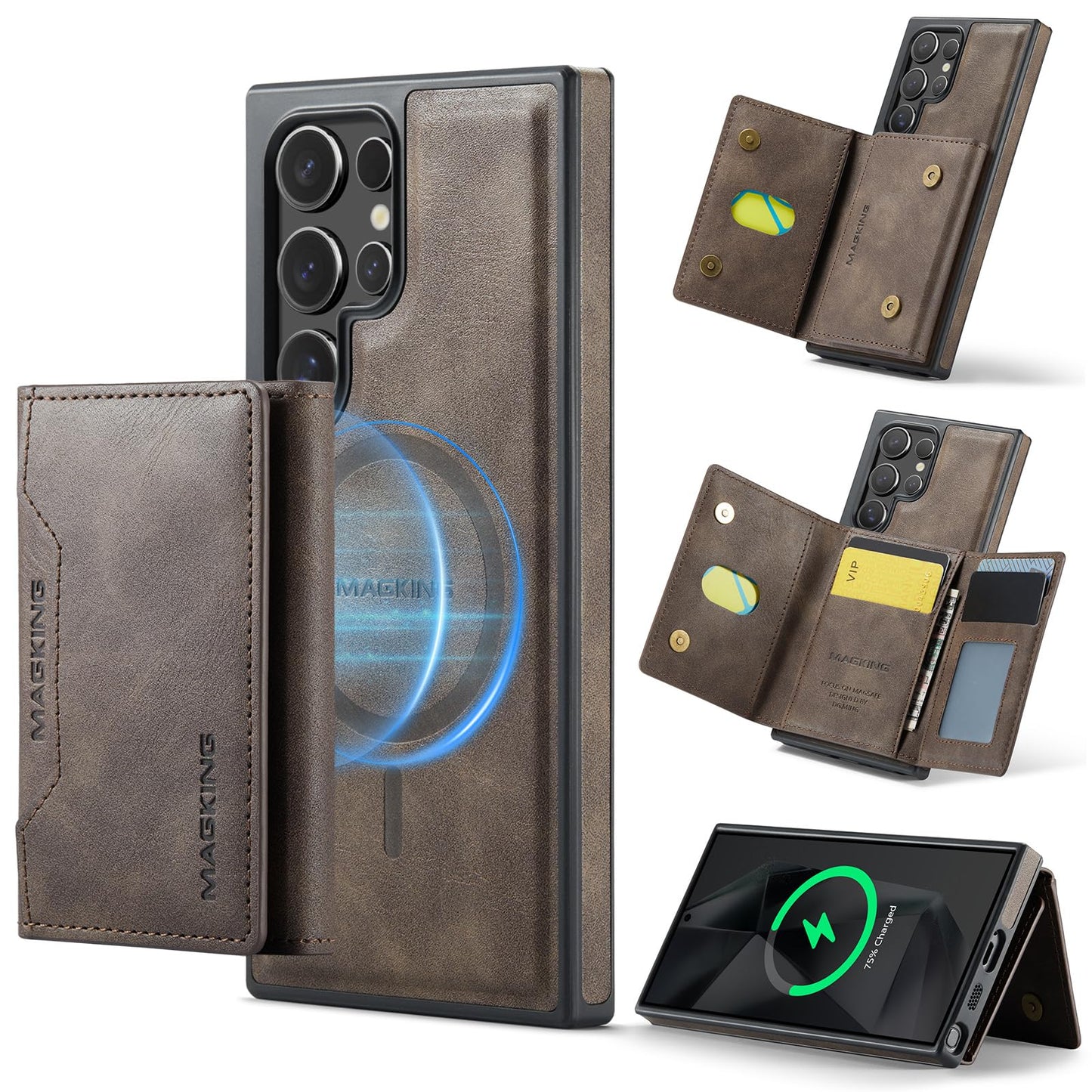 SZHAIYU K2 2 in 1 Detachable Magnetic Phone Cases Compatible with Samsun Galaxy S24 Ultra Case with Card Holder RFID Blocking, Compatible with Magsafe Wallet, Leather 6.8'' (S24 Ultra,Coffee)
