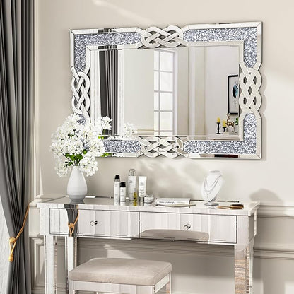 ENENE Crystal Crush Diamond Wall Mirror 39.5''x 27.5'' Rectangle Silver Mirrors for Wall Decorative Large Wall Mirrors for Bathroom Living Room Bedroom Entryway