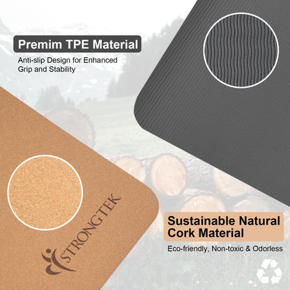 StrongTek Cork Yoga Mat, Non-Toxic & Eco-Friendly, 7mm Thick with Non-Slip Cork + TPE Surface, 72"x24", for Hot Yoga, Pilates & Home Fitness, Lightweight Cushioned with Carry Strap