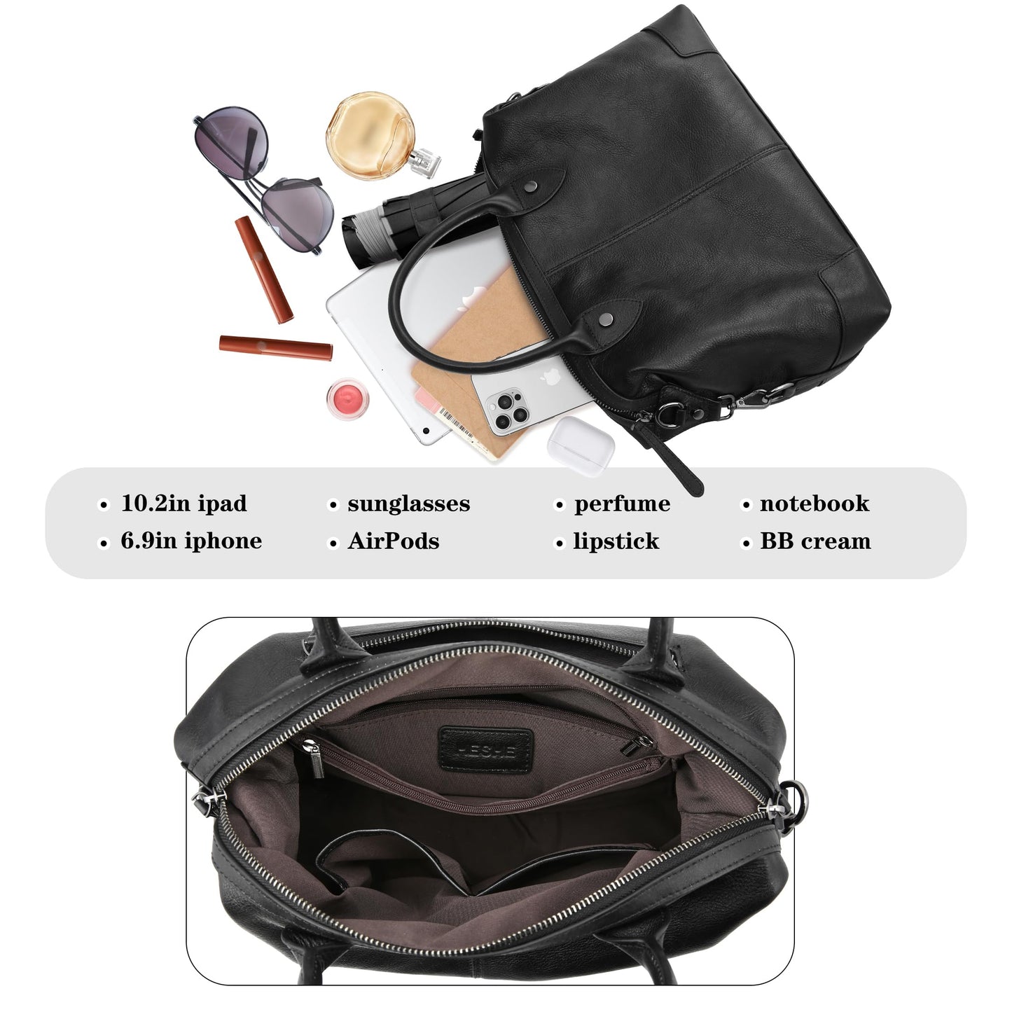 HESHE Genuine Leather Satchel Tote Bags for Women Large Capacity Top Handle Handbag Designer Shoulder Bags Vintage Cross Body Doctor Bag (Black)
