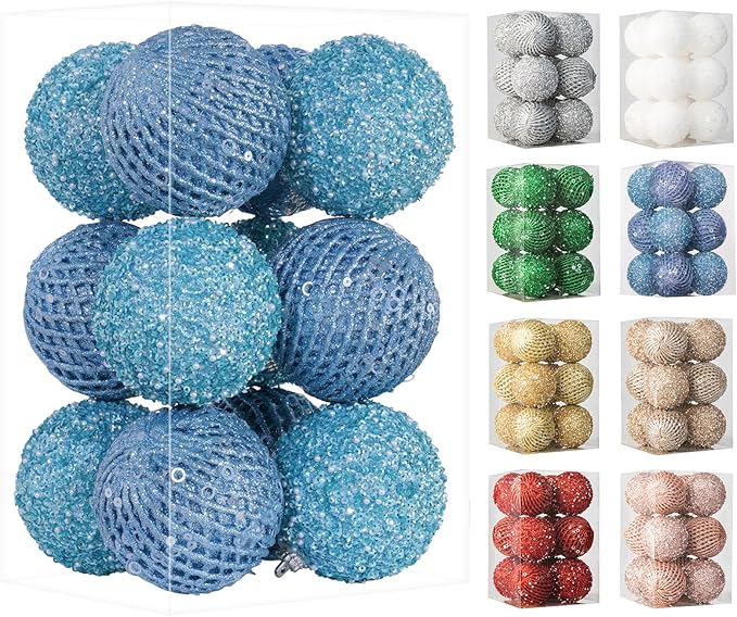 3.15" Christmas Ball Ornaments Glitter Shatterproof Christmas Tree Ornaments Sequin Xmas Hanging Balls Decorations for Wedding Party Holiday(Light Blue)