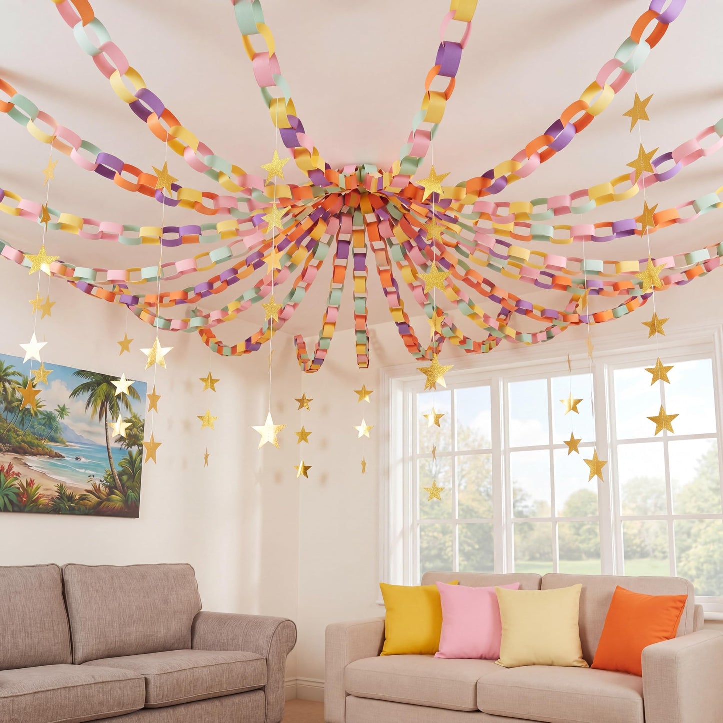 Maitys 500 Sheets Paper Chain Strips and Mirror Star Garland 13 Feet Paper Crafts Banner with Double Sided Tape for Crafting Birthday Wedding Festival Theme Party Decor (Groovy,0.79 x 8.27 Inches)