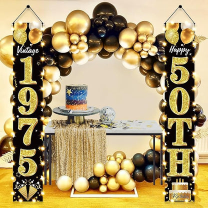 50th Birthday Party Banner Lighted Decorations for Men and Women - Black Gold Vintage 1975 50th Birthday Door Banners with LED Light, Fifty Years Birthday Party Supplies for Indoor Outdoor Decor