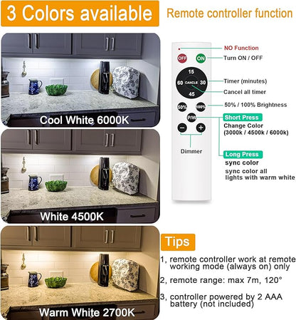 Diomart 3 Pack Under Cabinet Lights Wireless, 64 LEDs Dimmable Motion Sensor Closet Lights with Remote, Rechargeable Under Counter Lights for Kitchen, Wardrobe, Hallway, Stairs, 3 Color Temperatures