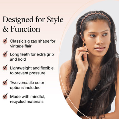 Kitsch Zig Zag Headbands for Women Non Slip – Fashion Accessories for Slicked Back Styles - Comfortable Comb Headband with Teeth | Ideal Gifts for Women - Tortoise & Black Headband - 2 pcs