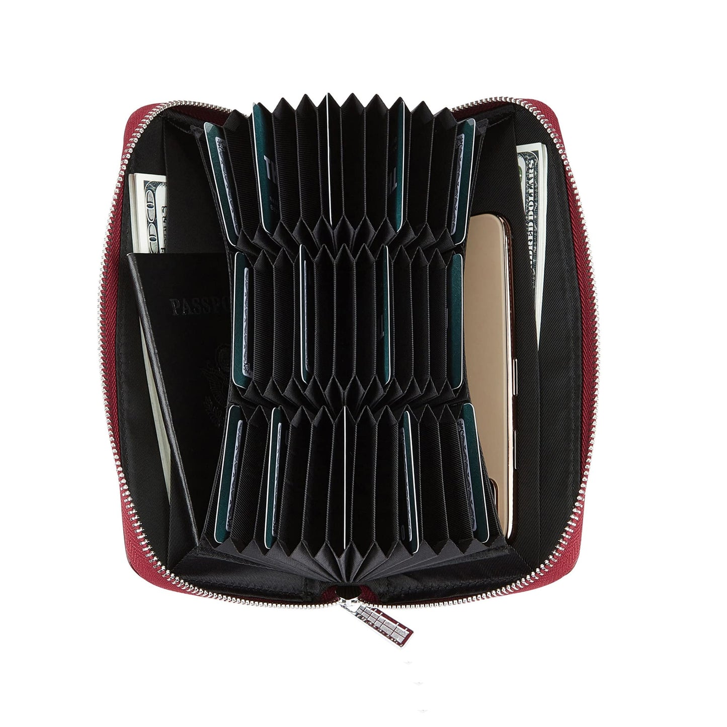 Cynure Women 36 Slots RFID Blocking Card Holder Large Long Leather Zipper Organizer Accordion Wallet,Dark Red