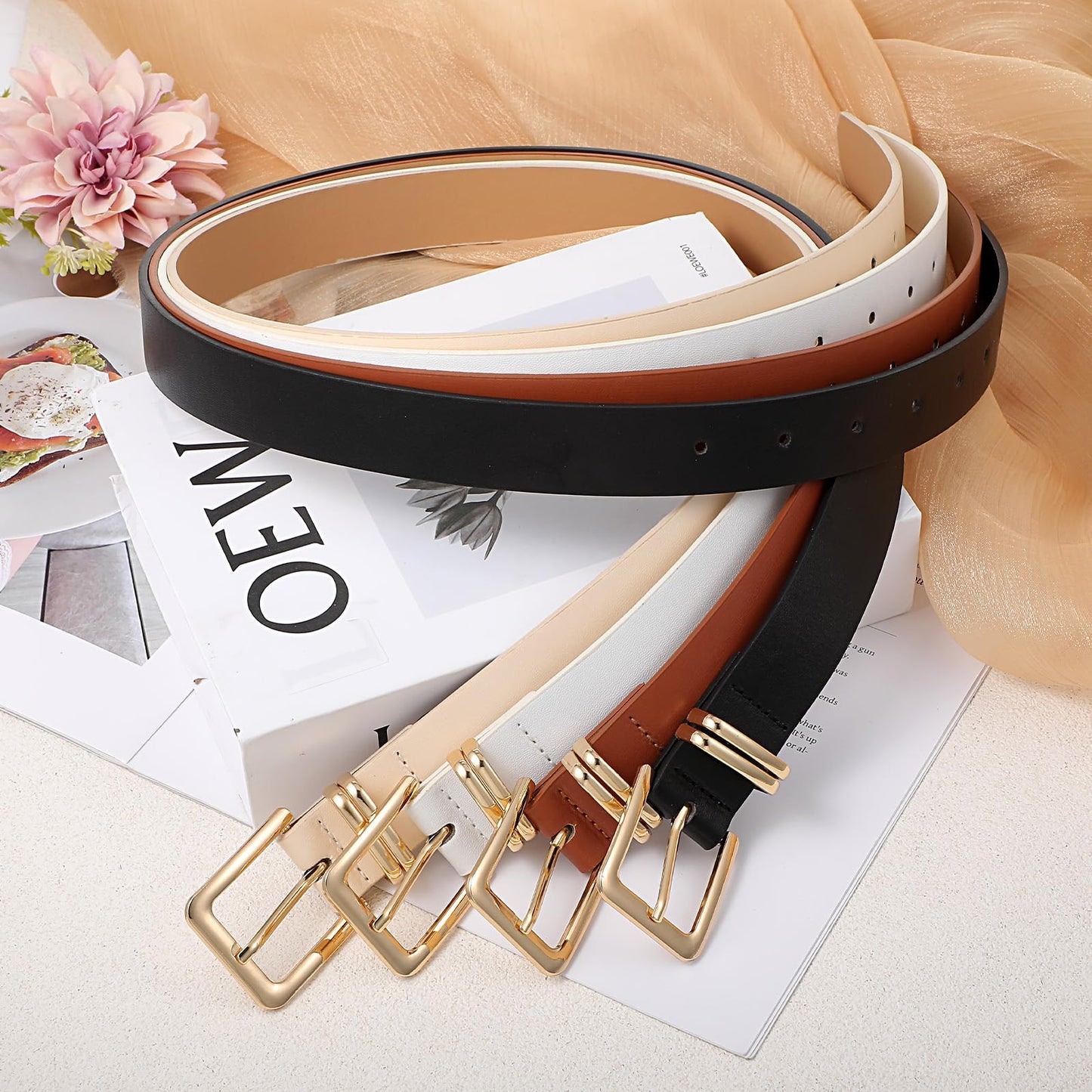 Ckhoid 8 Pcs Womens Leather Belts for Jeans Pants Dresses Fashion Skinny Waist Belts for Women with Gold Buckle (4 Colors)