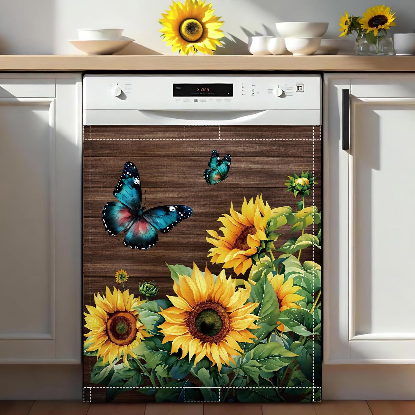 Sunflower Dishwasher Magnet Cover 23x26in Blue Butterfly Dishwasher Cover for Washers Fridge Panel, Floral Magnetic Covers for Kitchen, Machine Door Covers Decor, Spring Summer Kitchen Decor