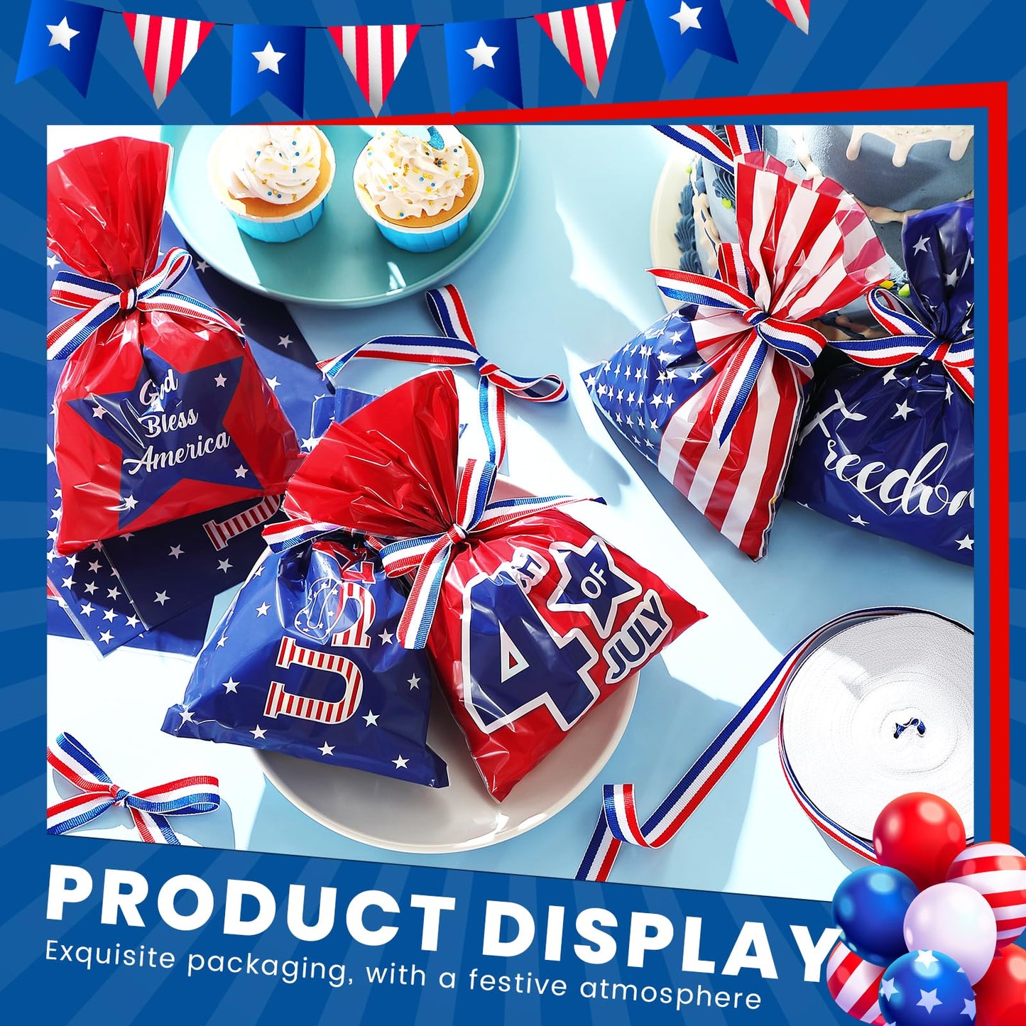 Tenare 100 Pack Christmas Treat Cellophane Bags 6 x 9 Inches Patriotic Goodie Bags Red White and Blue Candy with 40 Yards Ribbon for Christmas Independence Day Memorial Party Favor Supplies