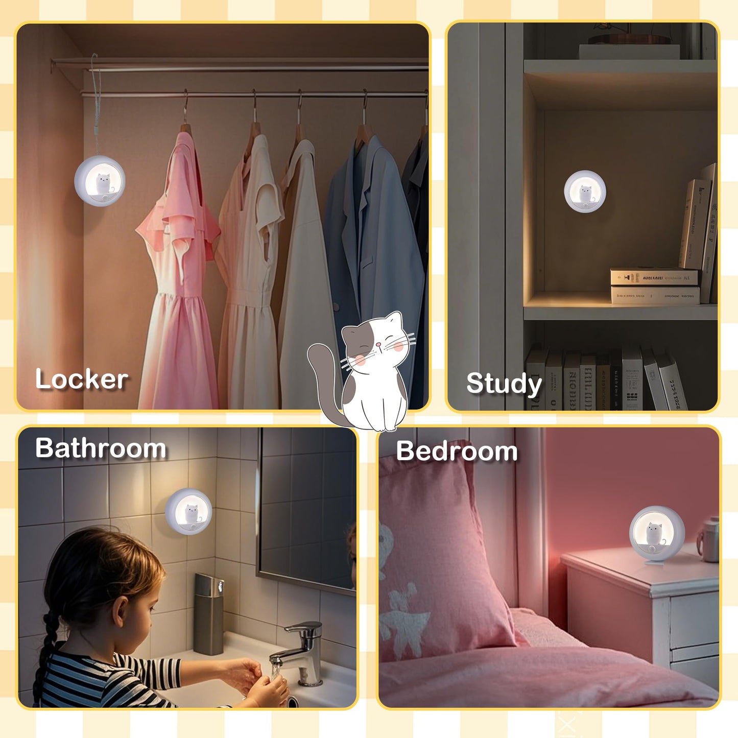 Attivolife Cat Magnetic Motion Sensor Light, Rechargeable Locker Night Lamp Dimmable, Warm White LED, Bedroom Hallway Stair Bathroom Kitchen