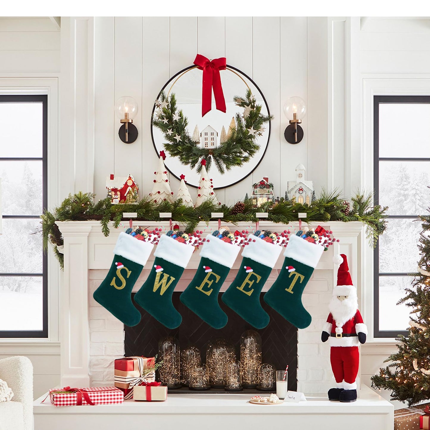 20 Inches Monogram Christmas Stockings with Letters, Large Super Soft Christmas Stockings Blackish Green Velvet with White Super Soft Plush Cuff for Xmas Tree Fireplace Gold Letter R