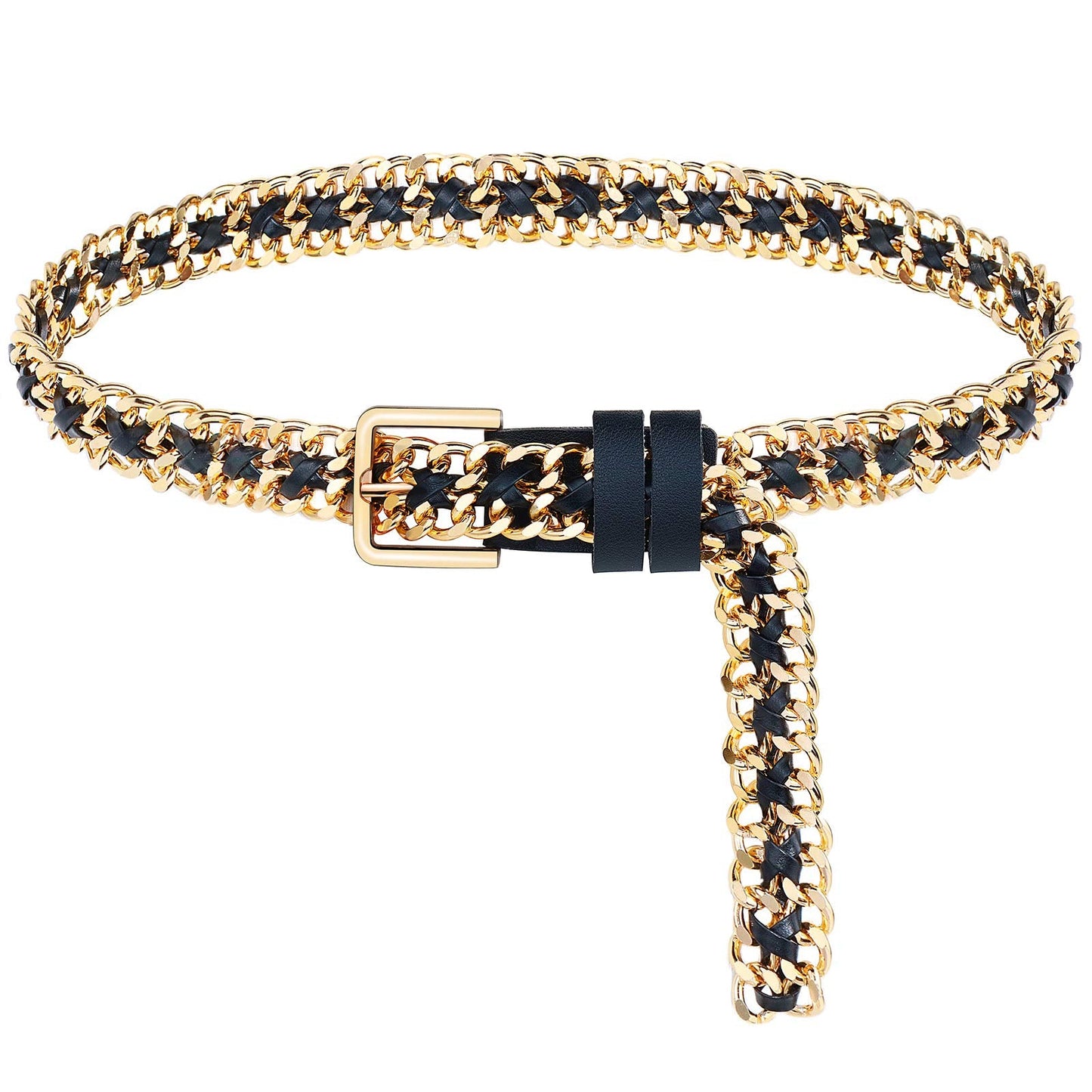 Glamorstar Gold Metal Punk Belts Leather Chain Waist Belt for Women Dresses Gold Black 105CM/41.3IN