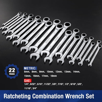 WORKPRO 22-Piece Ratcheting Combination Wrench Set, 72 Teeth, Combo Ratchet Wrenches Set with Organizer Box, Metric 6-18mm & SAE 1/4-3/4"