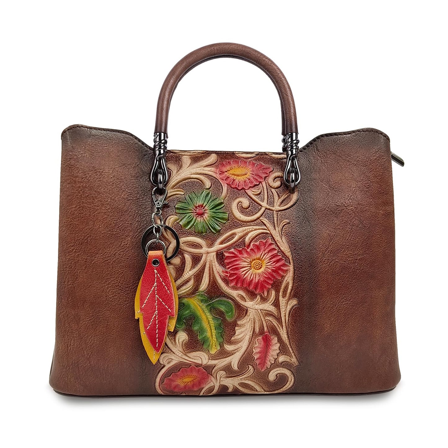 Genuine Leather Vintage Embossed Handbag for Women - Artisanal Cowhide Floral Crossbody Purse with Unique Craftsmanship (coffee)