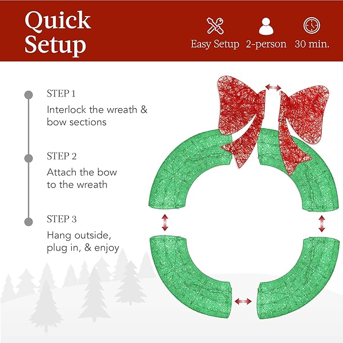 Best Choice Products 30in Pre-Lit Outdoor Christmas Wreath Decoration, LED Metal Holiday Decor for Home w/ 100 Lights, Bow - Green/Red