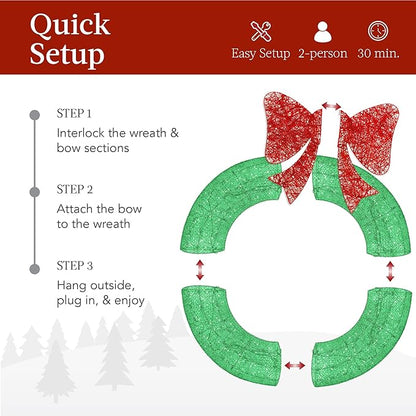 Best Choice Products 30in Pre-Lit Outdoor Christmas Wreath Decoration, LED Metal Holiday Decor for Home w/ 100 Lights, Bow - Green/Red