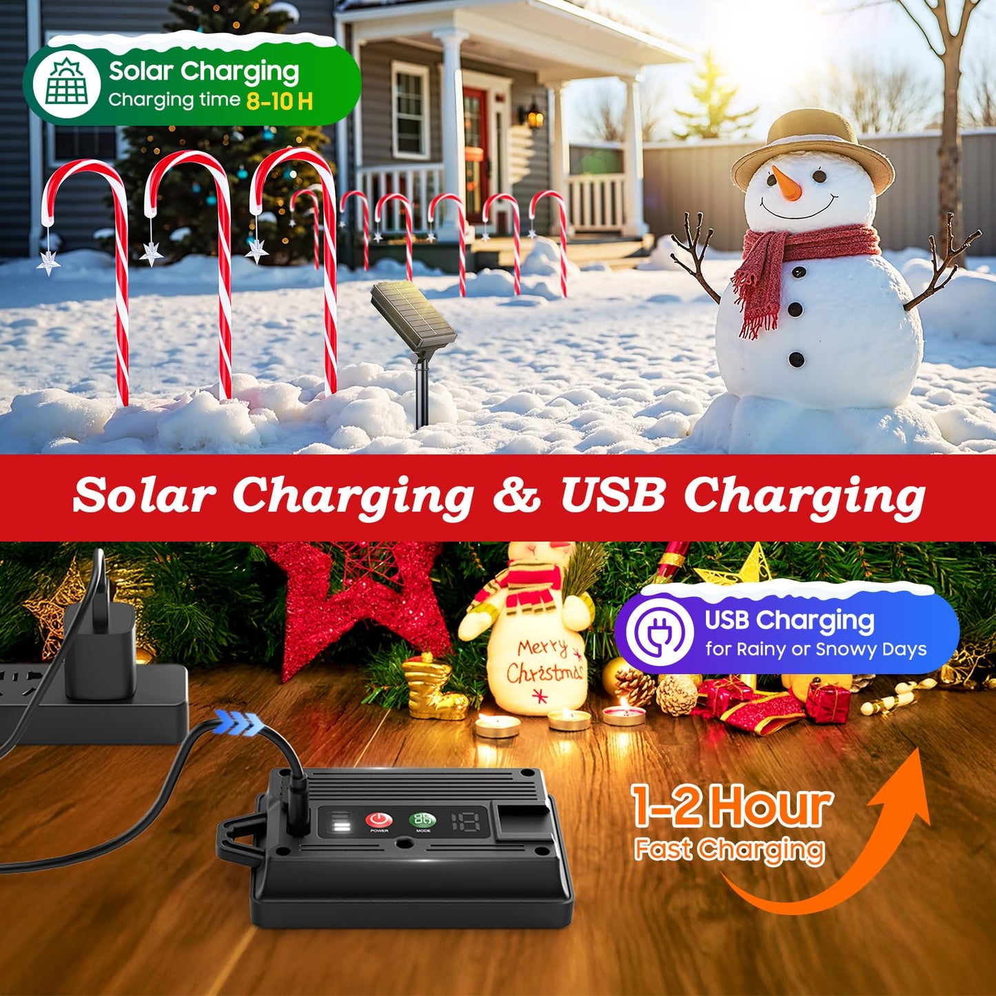 24 Pack Upgraded Solar Candy Cane Lights Outdoor, Christmas Decorations Outdoor Solar Christmas Pathway Lights Waterproof with USB Charging 10 Modes for Yard Garden Lawn Path Walkway Party Xmas Decor