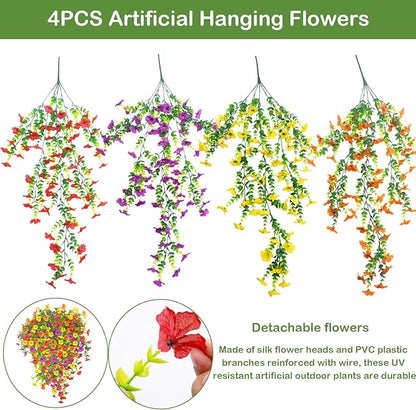 DOUBFIVSY Artificial Hanging Flowers for Outdoors, 4 Pcs Fake Hanging Plant Spring Summer Decor, UV Resistant Waterproof No Fade Faux Flower for Front Door Porch Patio Planter Garden (Mixed Color)