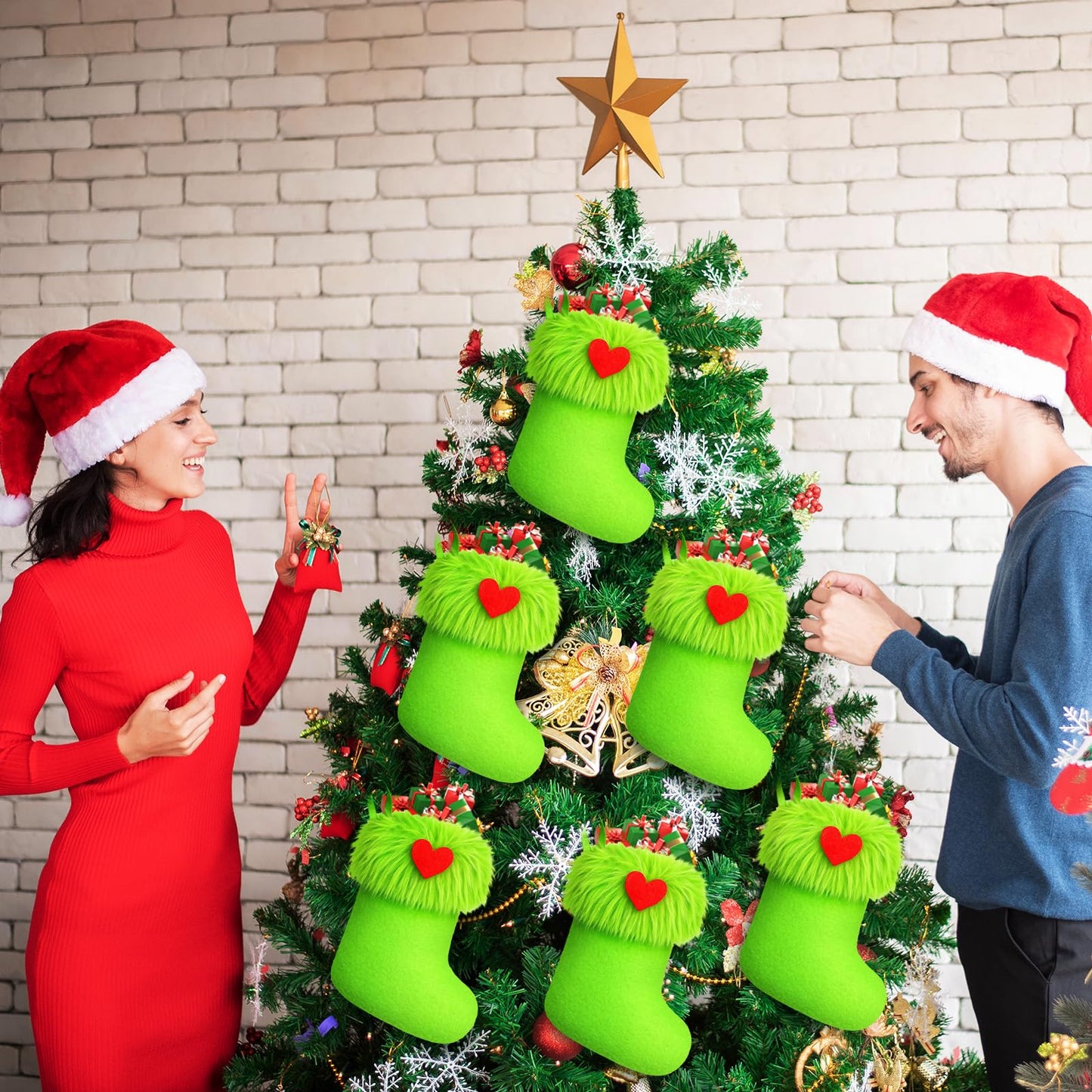 Realspring 24pcs Mini Christmas Stockings 6 Inch Green Faux Fur Xmas Stockings Mini Gift Small Fireplace Hanging Holiday Decorations Xmas Present for Christmas Family Party Tree Fireplace