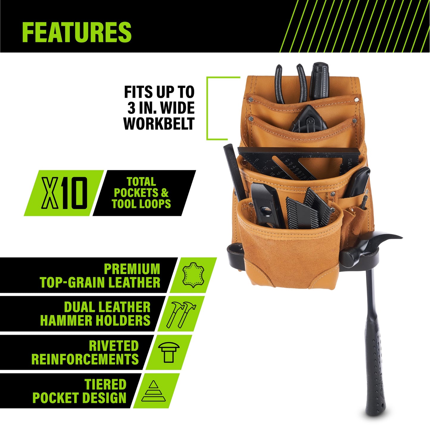 AWP Genuine Leather Premium Tool Pouch Multi-Pocket Organizer for Electricians, Compatible with Work Belts Up to 3 Inches Wide, Professional Tool Box for Efficient Organization, Tan | LT-683-3