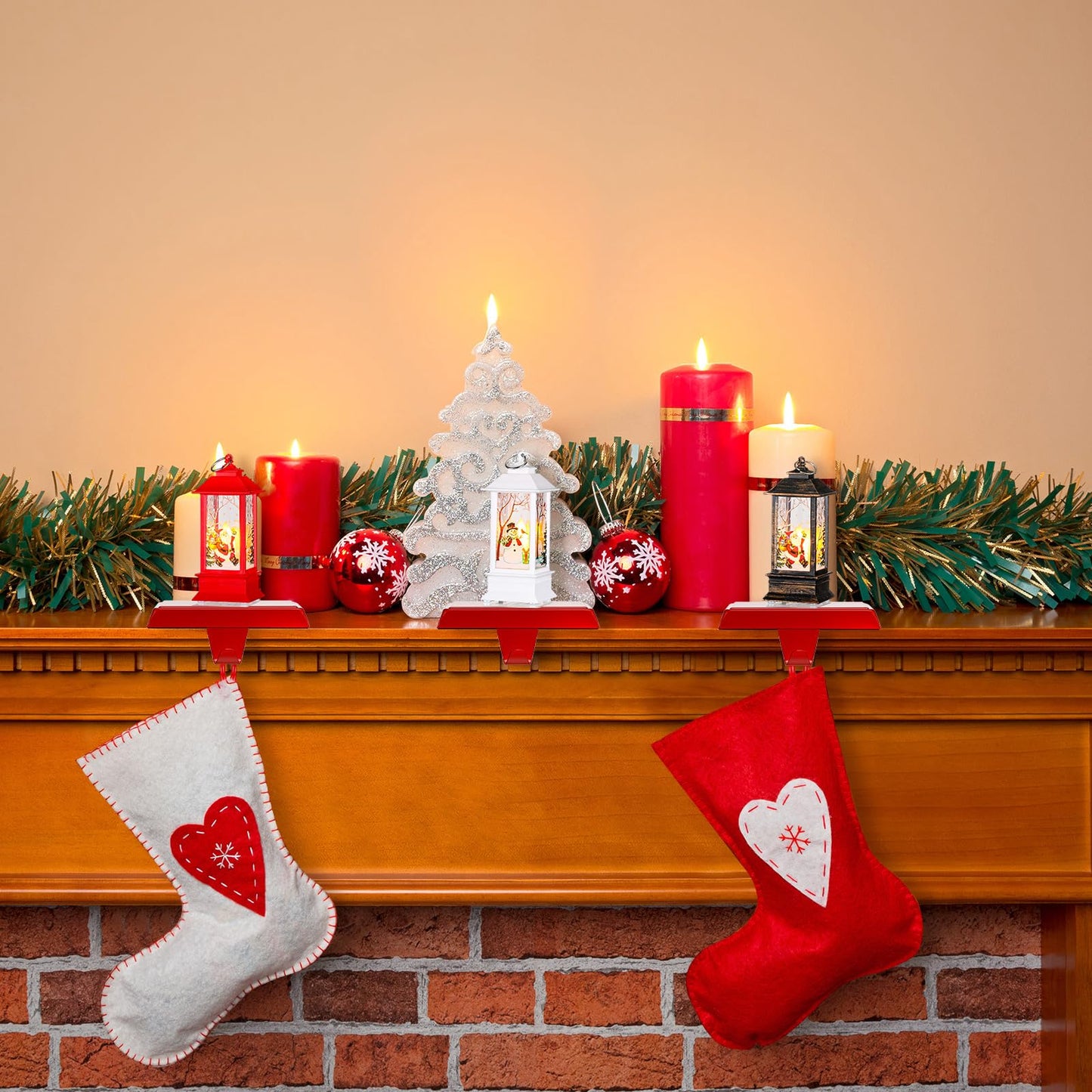Ceenna 6 Sets Christmas Stocking Holders for Mantle with LED Light Xmas Stocking Fireplace Hooks Hanger Christmas Decoration for Fireplace Mantle