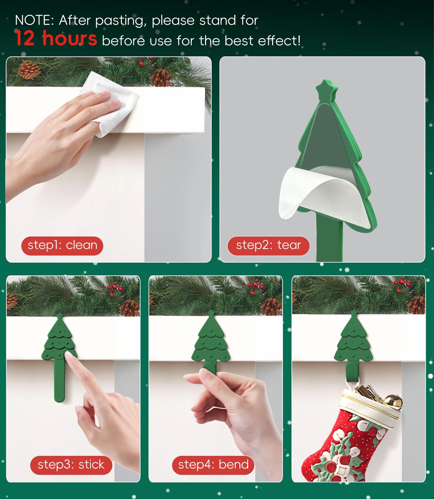 Nearockle 6 Pack Christmas Stocking Holders Garland Hangers for Mantle, Freely Bendable Adjustable Silicone Mantle Hangers, Counter Tables Window Fireplace Decoration (Green)
