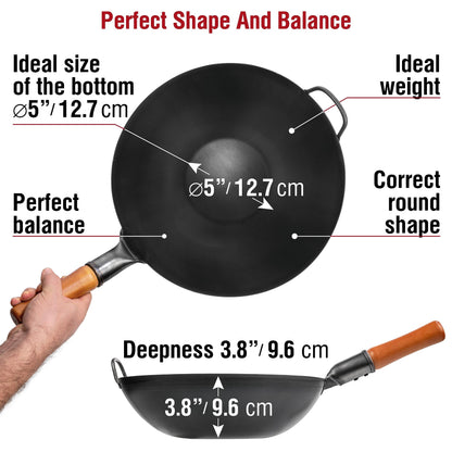 YOSUKATA 13.5" Carbon Steel Wok Pan – Pre-Seasoned Flat Bottom Pow Wok for Stir Fry, BBQ, Grill & Camping – Traditional Japanese Chinese Cookware – Compatible with Induction, Electric, Gas, Open Fire