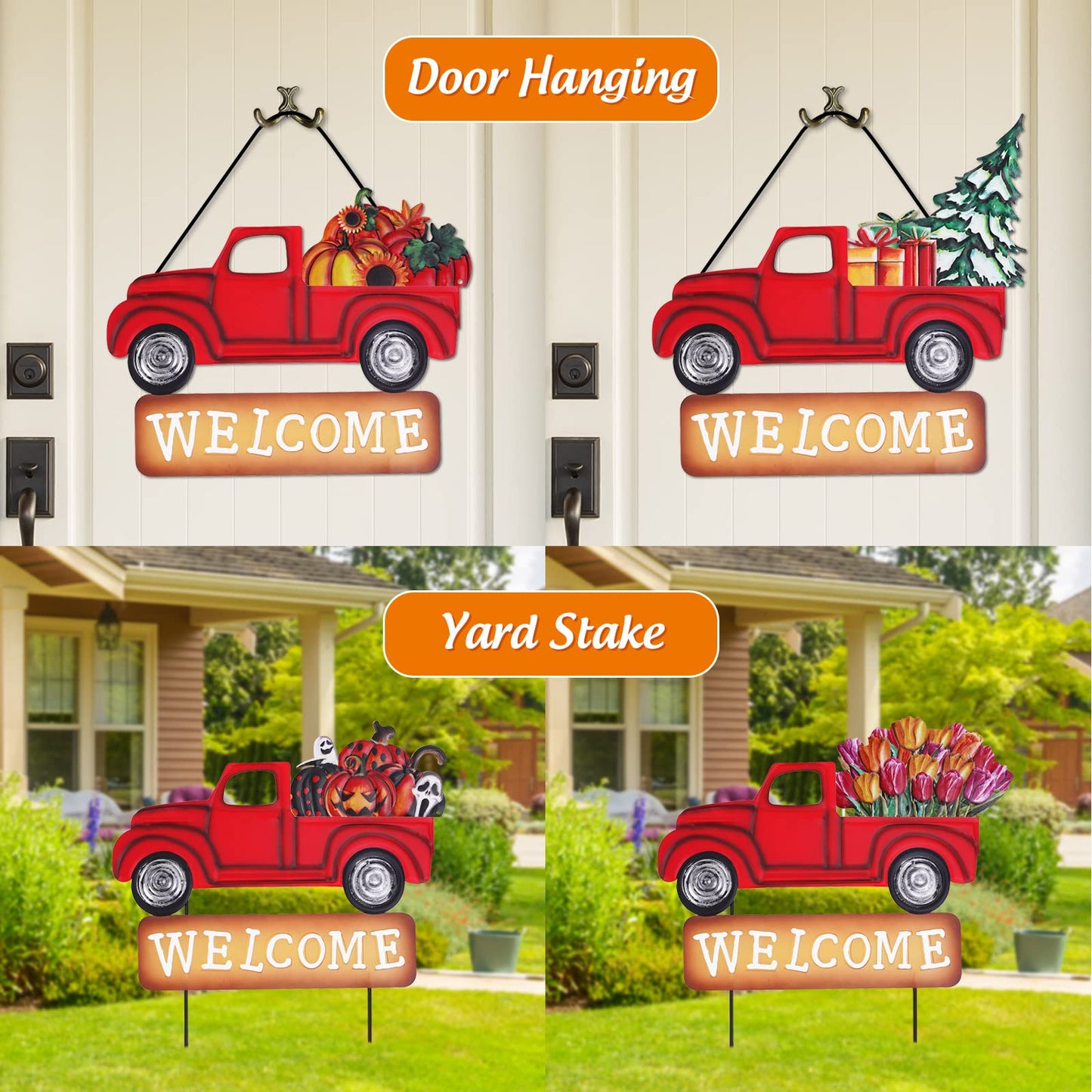 Whaline 4th of July Metal Yard Stakes Patriotic Welcome Interchangeable Garden Stake Red Truck Decor Set with Seasonal Sign Loads, Set of 9