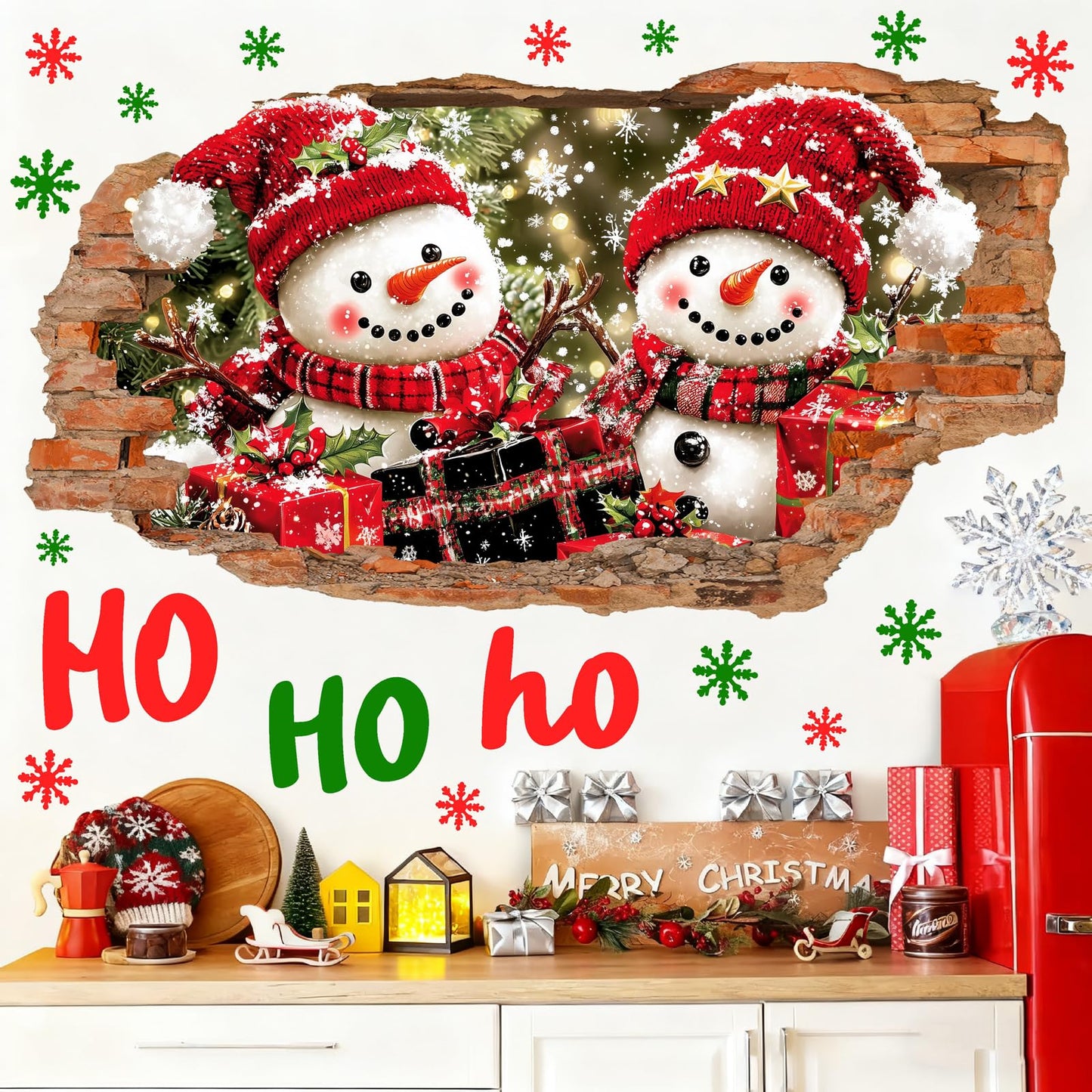 Christmas Wall Decoration Stickers Large Snowman Wall Decals Peel and Stick Xmas Indoor Home Office Decor 3D Winter Wall Sticker Merry Christmas Art Mural for 2026 New Year Holiday Kids Party Supplies