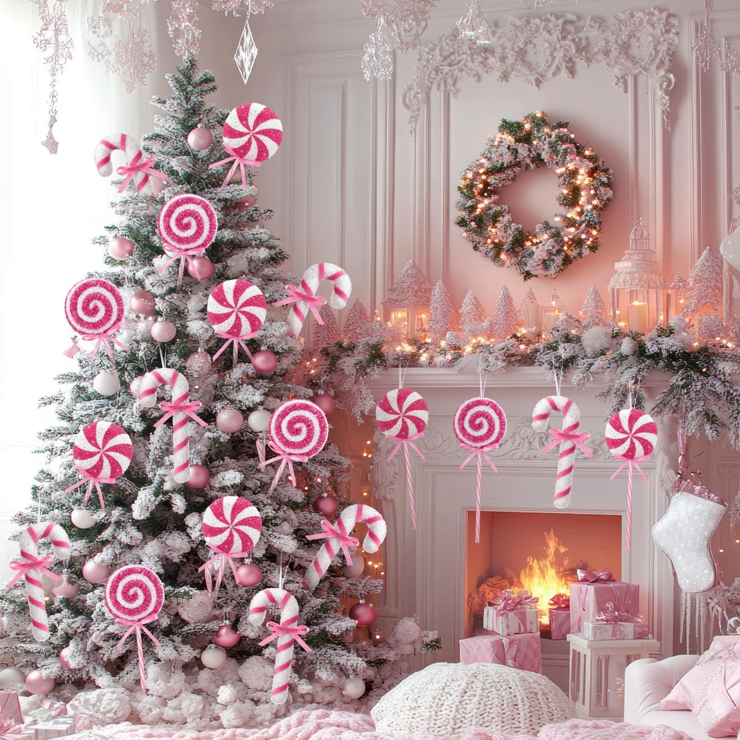 Threehoney 16 Pcs Candy Cane Christmas Decorations, Christmas Glitter Candy Cane Hanging Ornaments Xmas Swirl Windmill Lollipop Home Decor for New Year Xmas Indoor Home Supplies(Pink,Sweet)