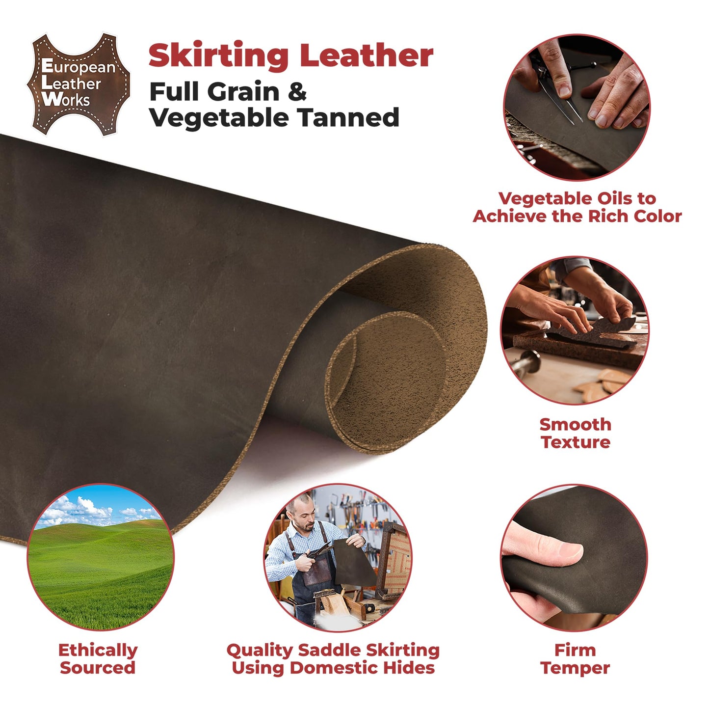 ELW 8-10 oz (3-4 mm) Skirting Veg Tan Leather | Dark Brown 1-2 SQFT| Thick Cowhide Tooling Leather Sheet for Belts, Saddle, Holster, Sheaths, Bulk Real Leather Pieces, Crafts, Remnants, Scraps USA