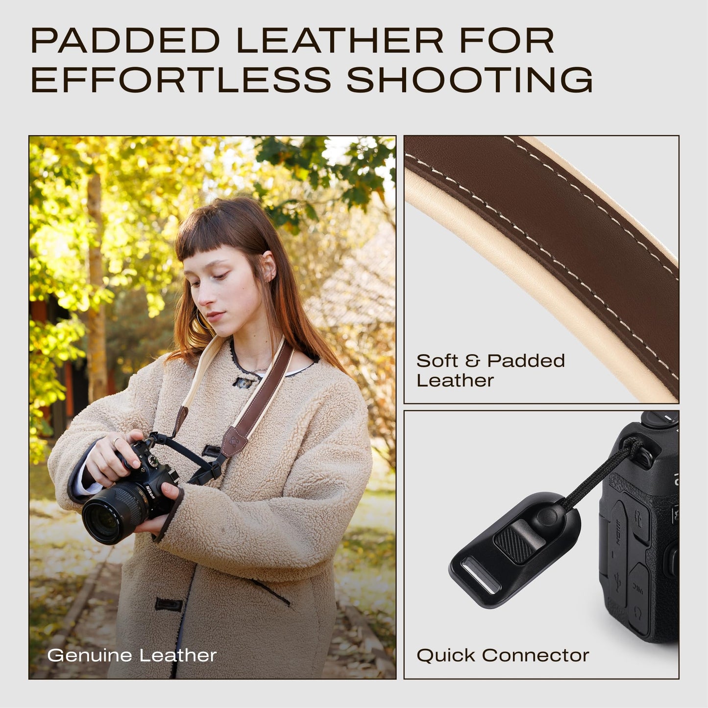 C Coiro Padded Leather Camera Strap with Quick Release, Configurable as Sling, Neck Adjustable DSLR SLR Camera Shoulder Strap for Photographers, Padded/Brown