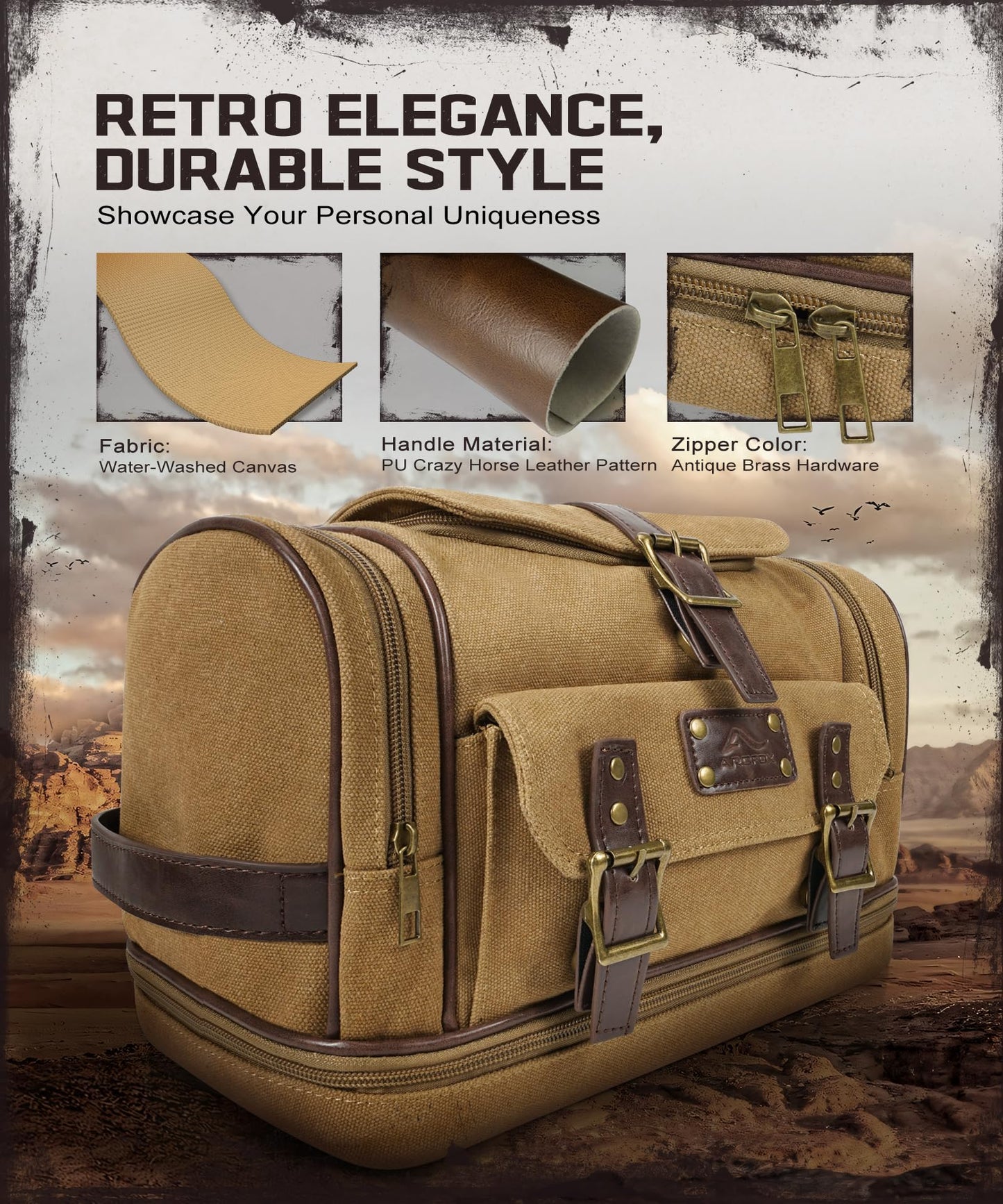 ARCFOX Travel Hanging Toiletry Bag for Men, Vintage Canvas Large Toiletry Bag with 7 Compartments, Camping Gym Travel Toiletry Kit Organizer with PVC Wet & Dry Pockets, Personalized Wash Bag, Brown