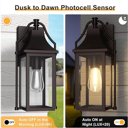 Dusk to Dawn Outdoor Wall Light, Waterproof Wall Sconces, Exterior Wall Mount Lantern Sconce with Glass, Oil Rubbed Bronze Patio Lanterns for House Garage Front Door, 14.8in, 1 Pcak