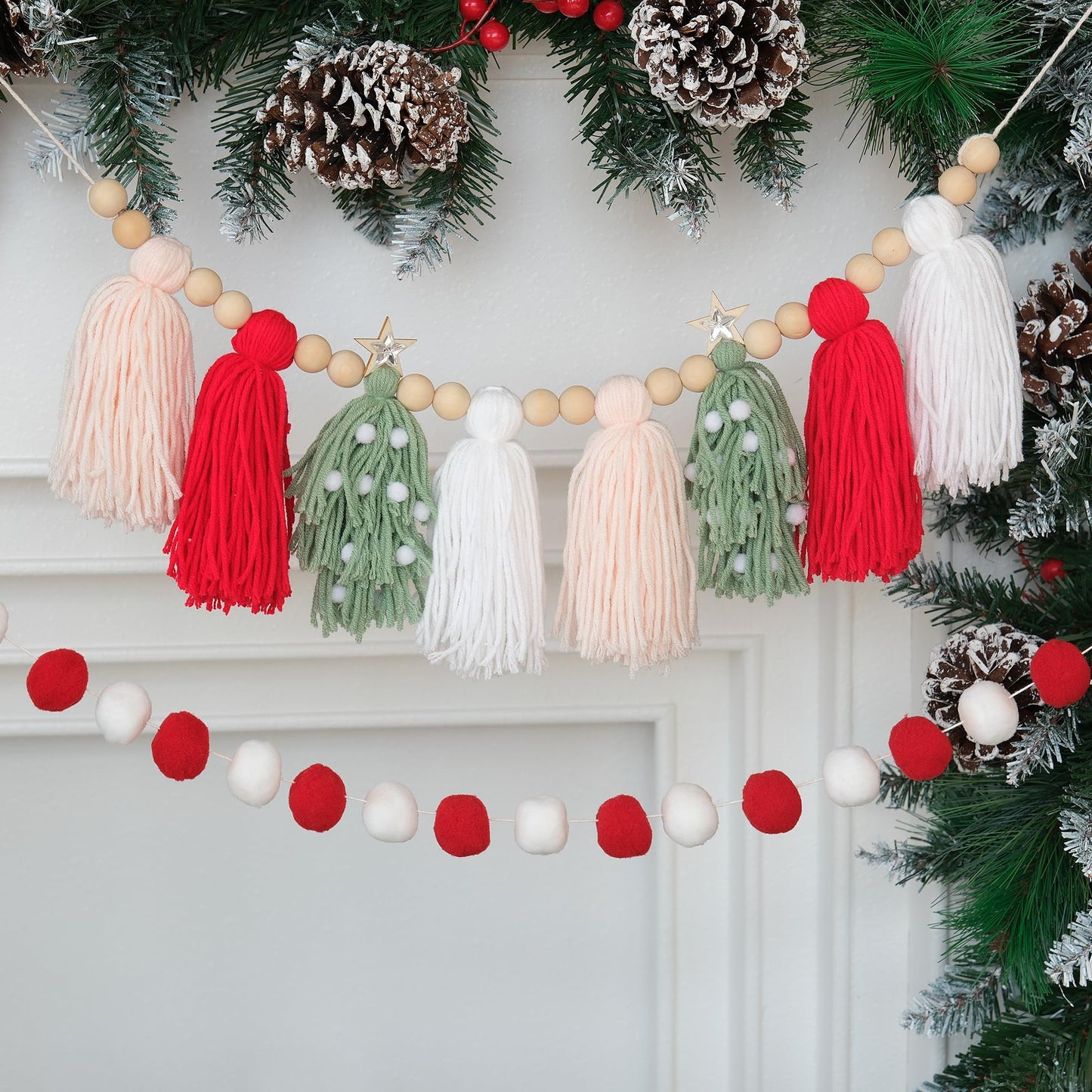 Christmas Tassel Garland Banner With Wood Beads And Pom Pom Garlands Wall Hanging Home Decor For Christmas