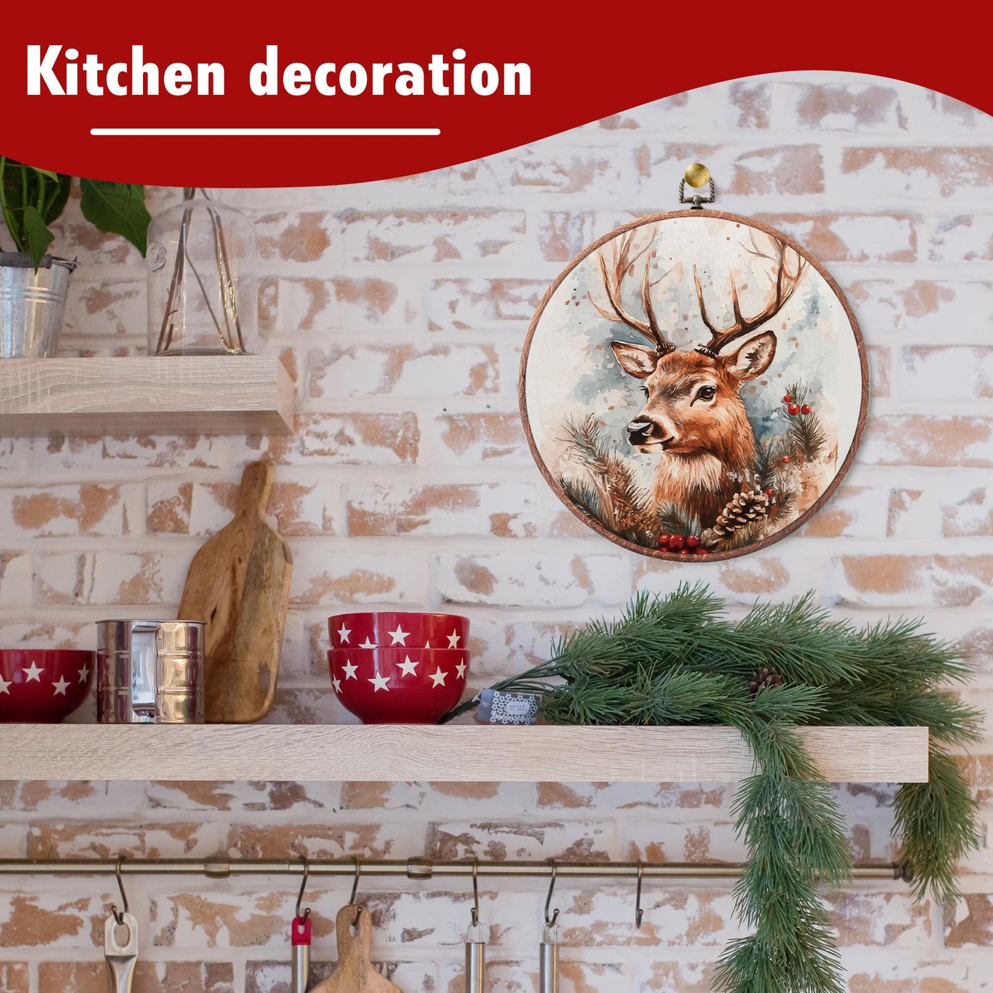 heiyihe Round Christmas Reindeer Canvas Hanging Prints, 10x10 Inches Round Christmas Canvas Frame Wall Art Decor, Embroidery Kit Decor for Home Living Room, Xmas Gift Ideas for Family Friends-A12