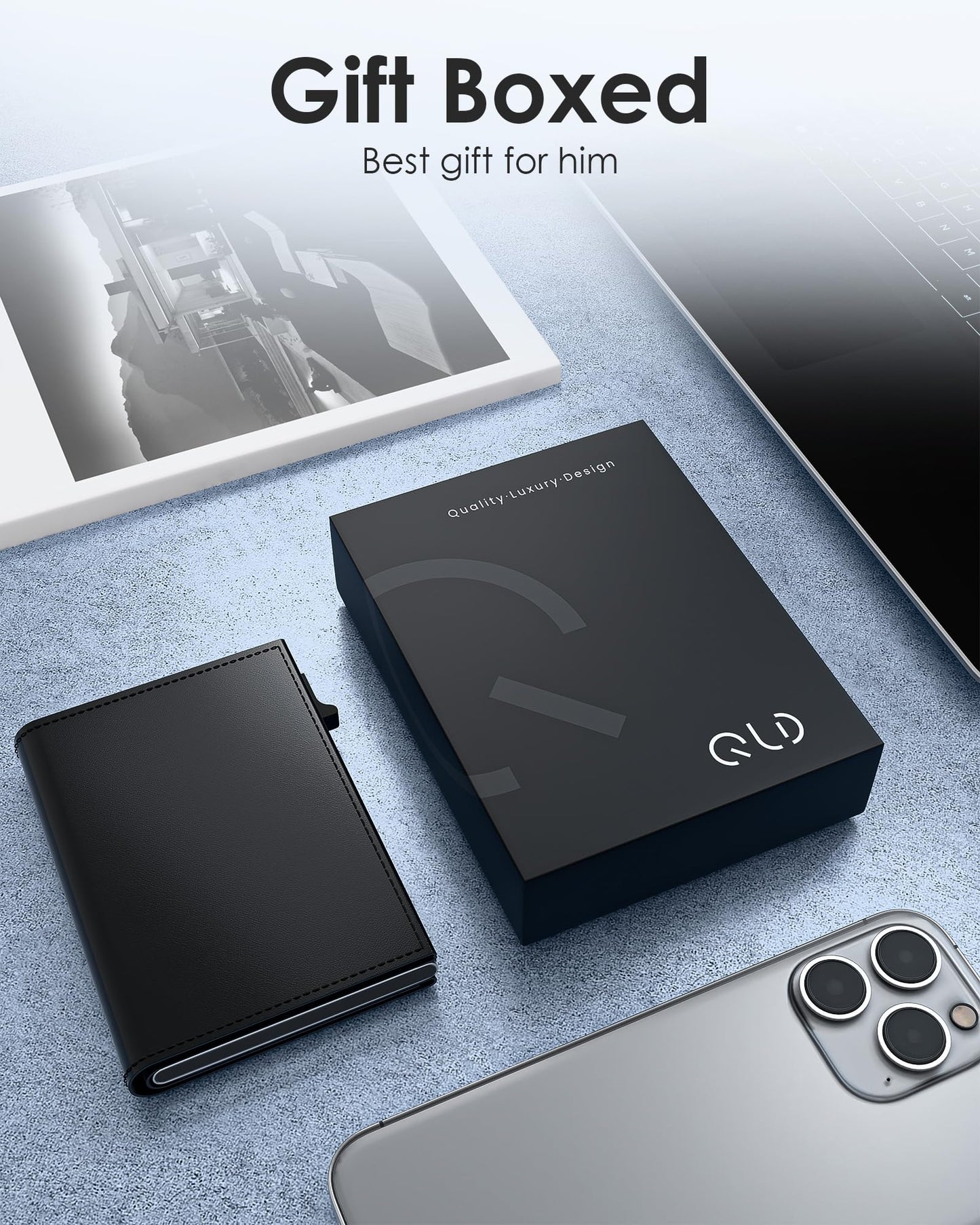 QLD Mens Wallet Card Holder - RFID Blocking Wallet for Men, Pop Up Aluminum Case, Trifold, Leather, Smart, Slim, Minimalist, Front Pocket - 9-11 Card Capacity | ID Window | Cash Slot